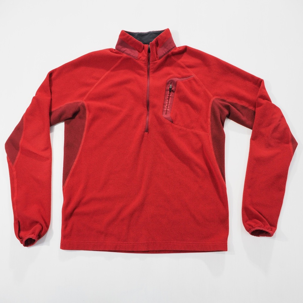 Marmot Fleece Pullover Mens Medium Red Grid Half Zip Thumb Holes Long Sleeve